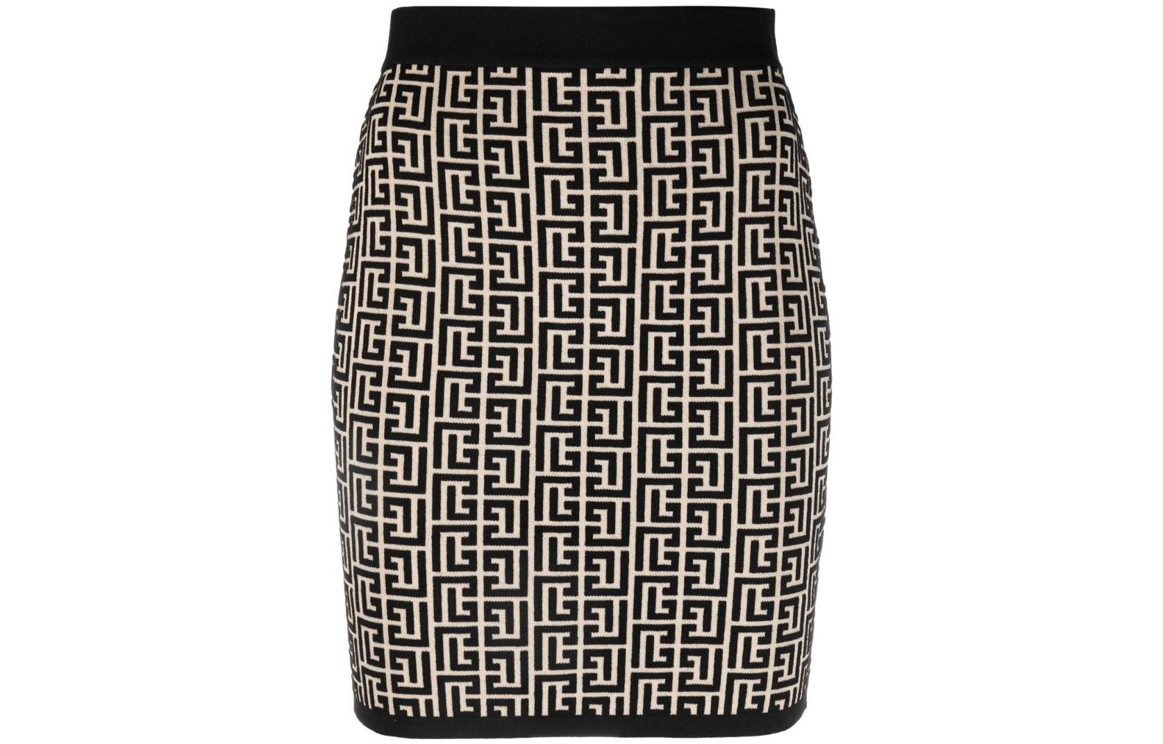 (Women) BALMAIN SS23  Black and White Patterned Jacquard Knit Skirt. AF1LB005KB02-GFE