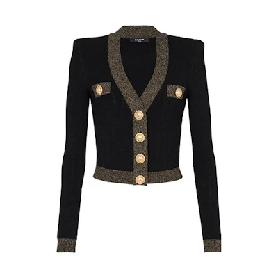 (Women) BALMAIN SS23 Black Embroidered Mesh V-Neck Slim Knit Crop Top AF1KL013KD74