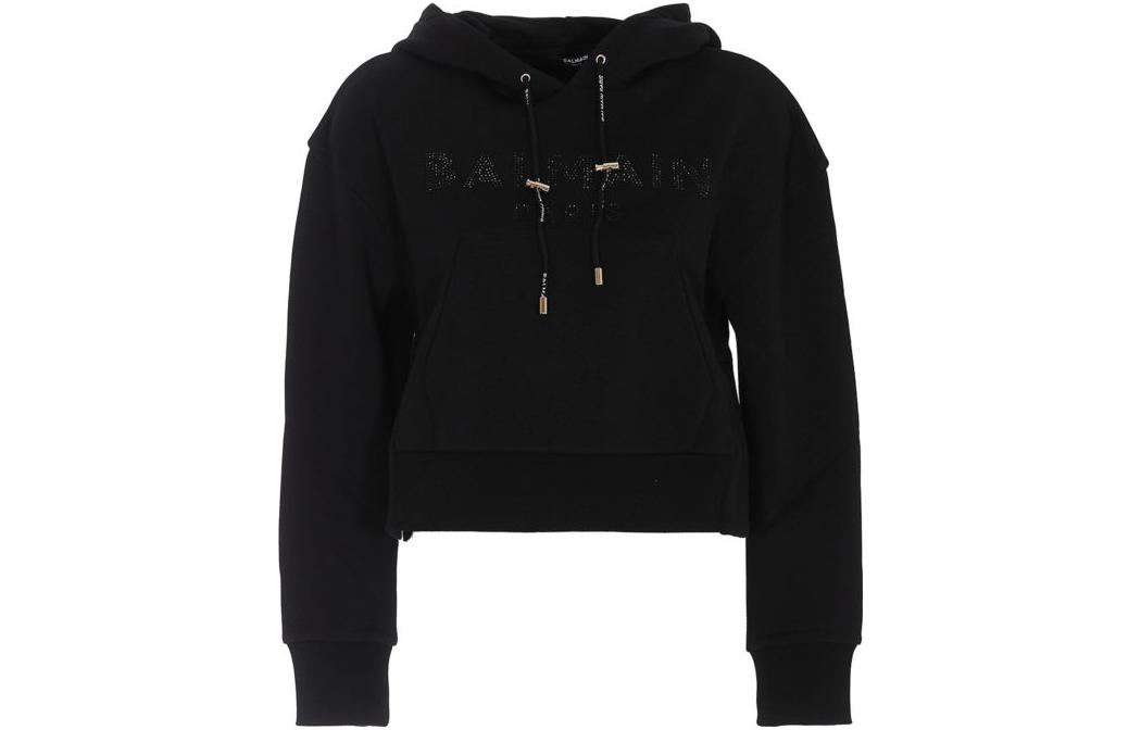 (Women) BALMAIN SS23  Black Hoodie with Logo and Rhinestone Detailing. VF13792B010-EAP