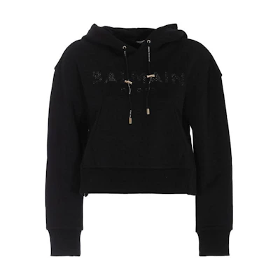 (Women) BALMAIN SS23 Black Hoodie with Logo and Rhinestone Detailing. VF13792B010-EAP
