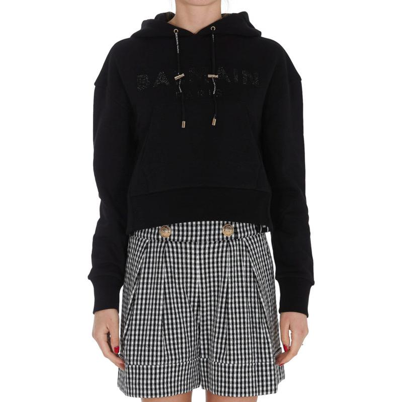 Lookbook (W) 巴尔曼 SS23 黑色连帽衫 经典标志与水钻设计。 VF13792B010-EAP