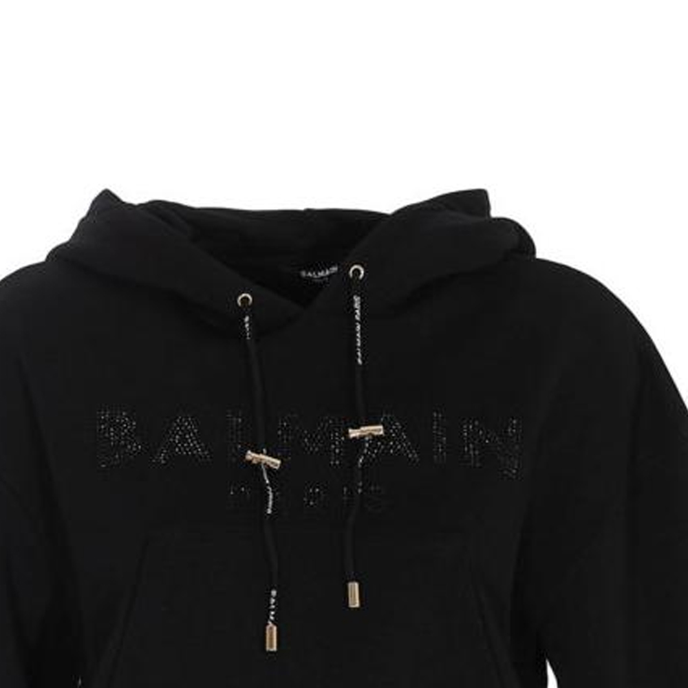 Sizing (W) 巴尔曼 SS23 黑色连帽衫 经典标志与水钻设计。 VF13792B010-EAP