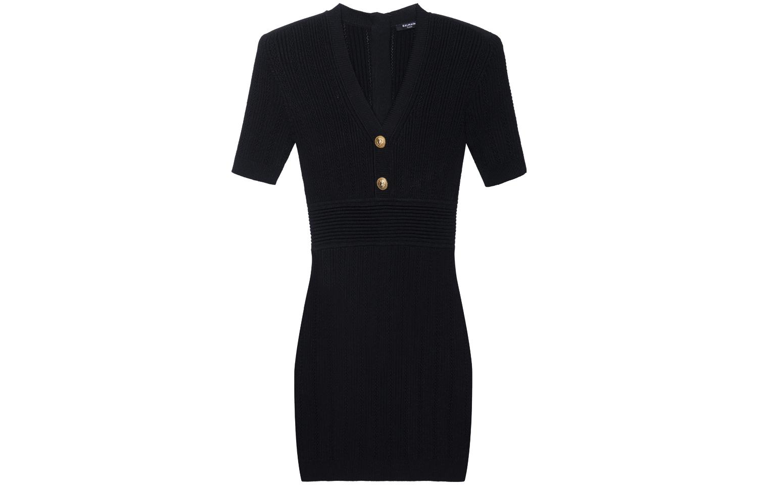 (Women) BALMAIN SS23  Black Ribbed Mesh Knit Tight Short Sleeve Dress. AF1R6030KB390PA