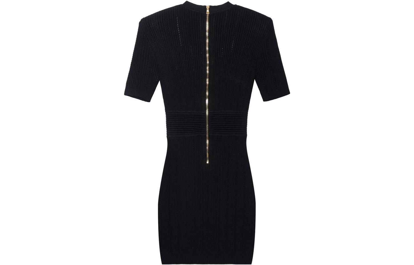 Lookbook (W) 巴尔曼 SS23 黑色罗纹网眼针织紧身短袖连衣裙. AF1R6030KB390PA