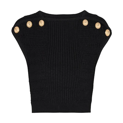 (Women) BALMAIN SS23 Black Sleeveless Mesh Button Knit Top. AF1AI075KE10-0PA