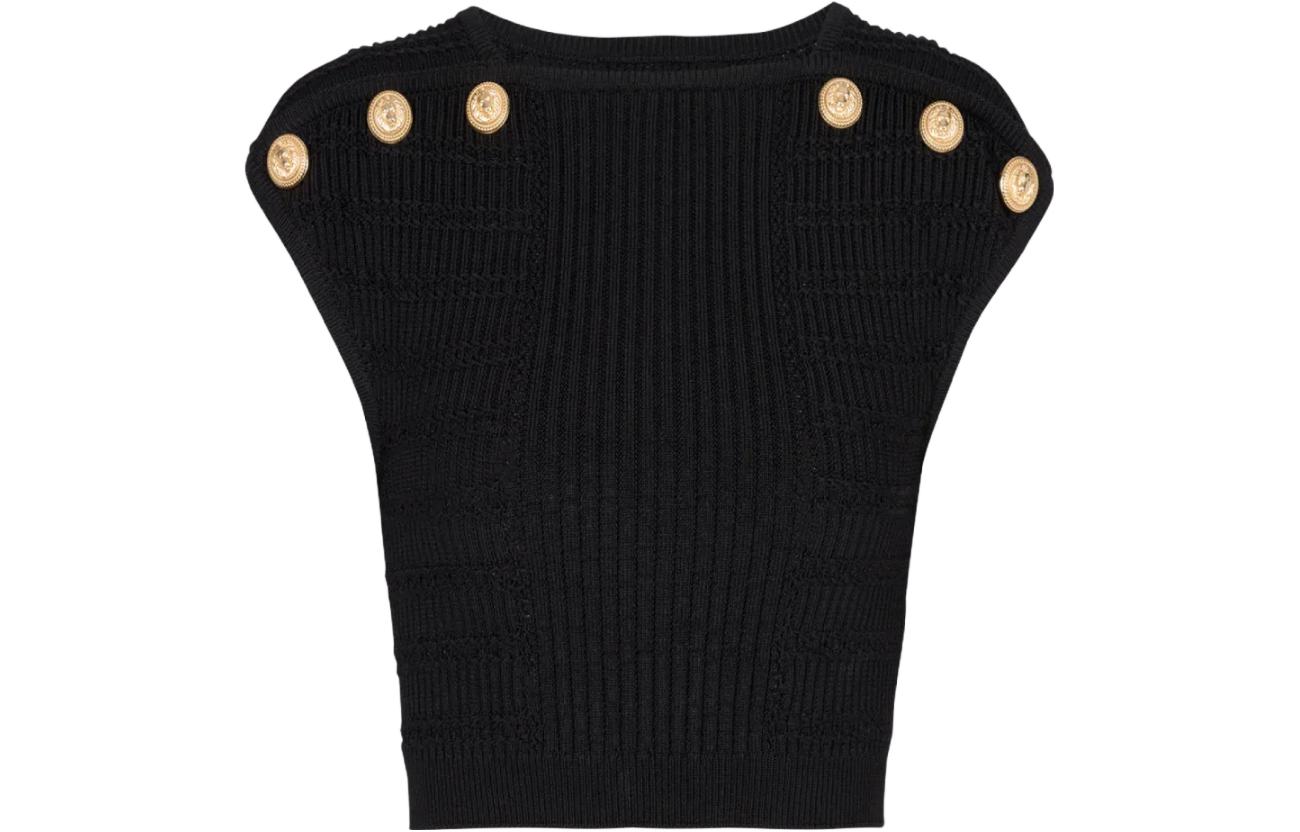 Order (W) BALMAIN SS23 黑色無袖網眼針織上衣钮扣款式 AF1AI075KE10-0PA