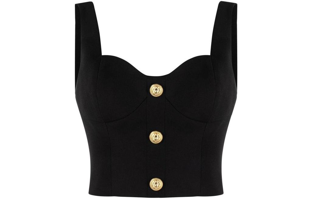 (Women) BALMAIN SS23  Black Slim-Fit Buttoned Cropped Tank Top AF1AB265WB05-0PA