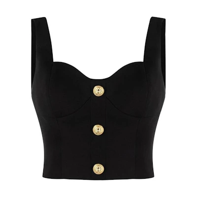 (Women) BALMAIN SS23 Black Slim-Fit Buttoned Cropped Tank Top AF1AB265WB05-0PA