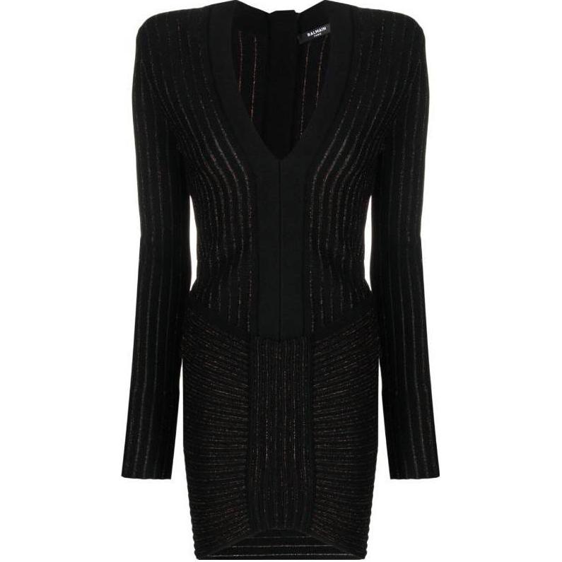 (Women) BALMAIN SS23  Black Striped V-Neck Long-Sleeve Dress. AF1R8425KD38-EET