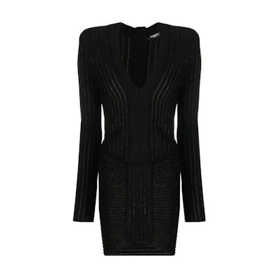 (Women) BALMAIN SS23 Black Striped V-Neck Long-Sleeve Dress. AF1R8425KD38-EET