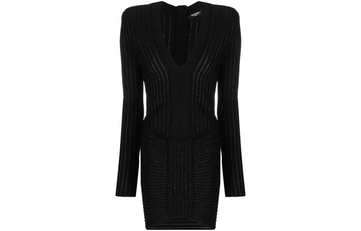 Order (W) 巴尔曼 SS23 黑色条纹V领长袖连衣裙 AF1R8425KD38-EET
