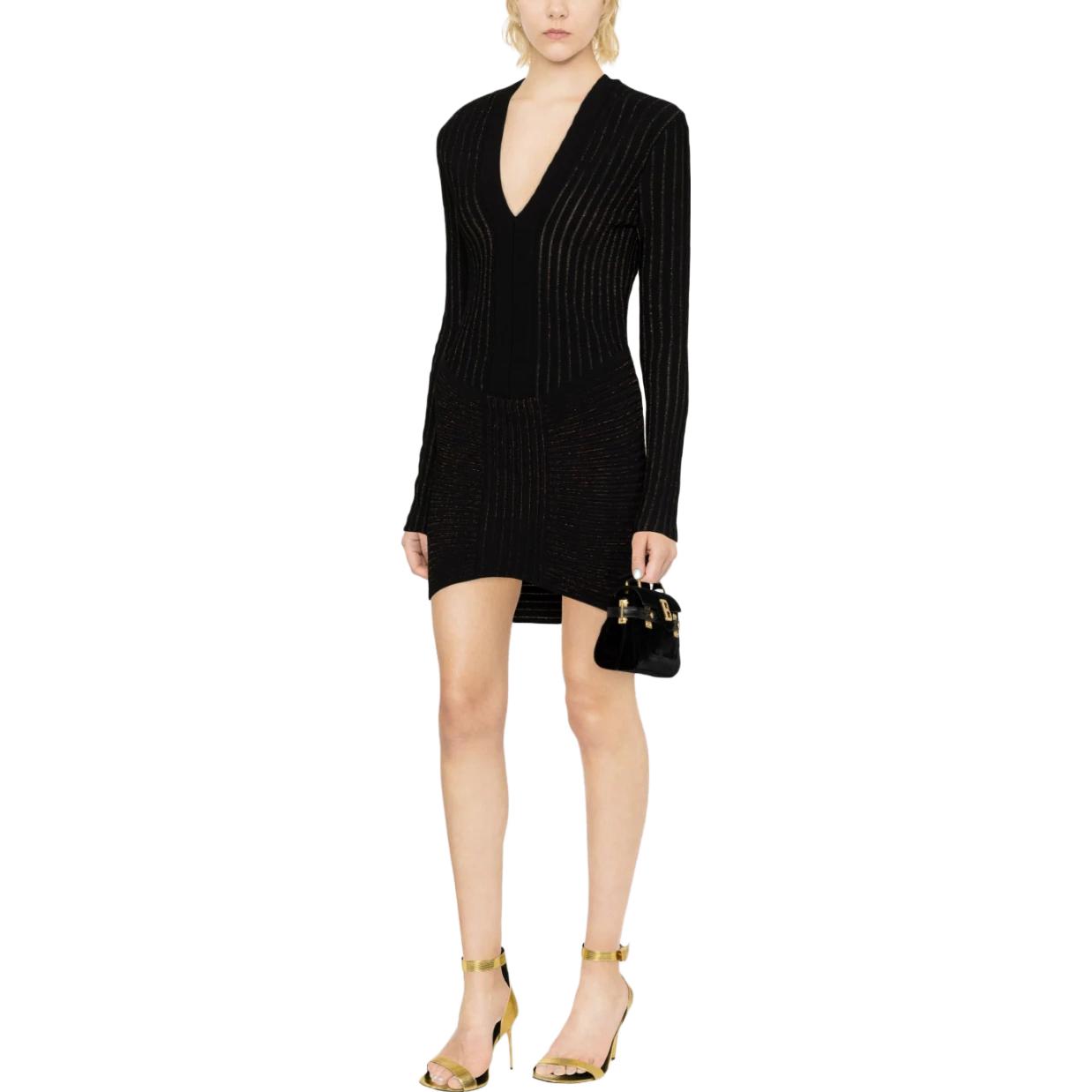 Purchase (W) 巴尔曼 SS23 黑色条纹V领长袖连衣裙 AF1R8425KD38-EET