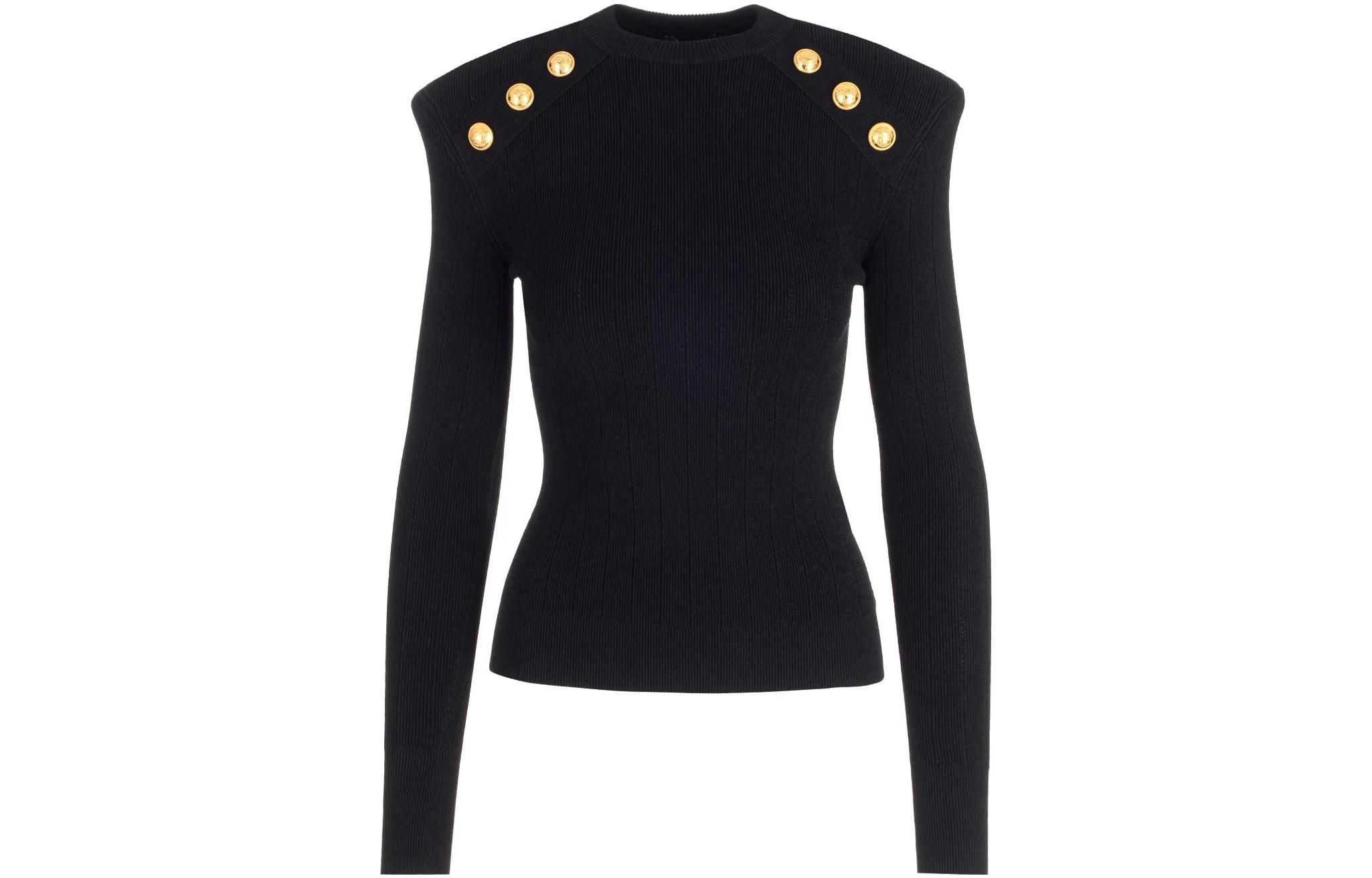 (Women) BALMAIN SS23  Black Studded Crewneck Pullover Sweater. BF1KD001-KB07-0PA