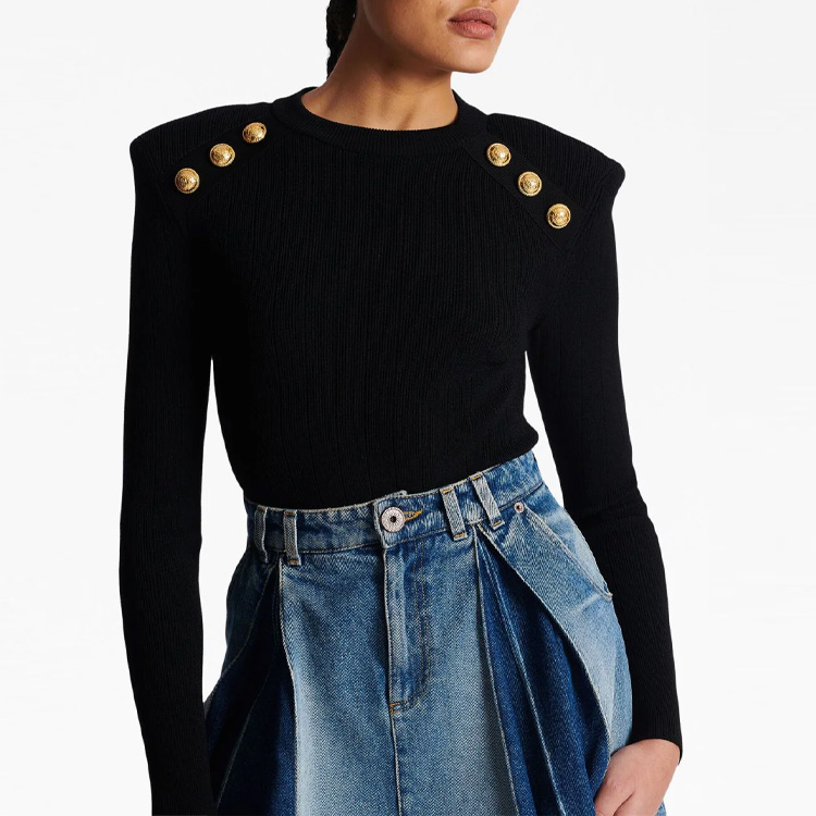 Purchase (W) BALMAIN SS23 Sweater Hitam Crewneck Bertatah Stud. BF1KD001-KB07-0PA