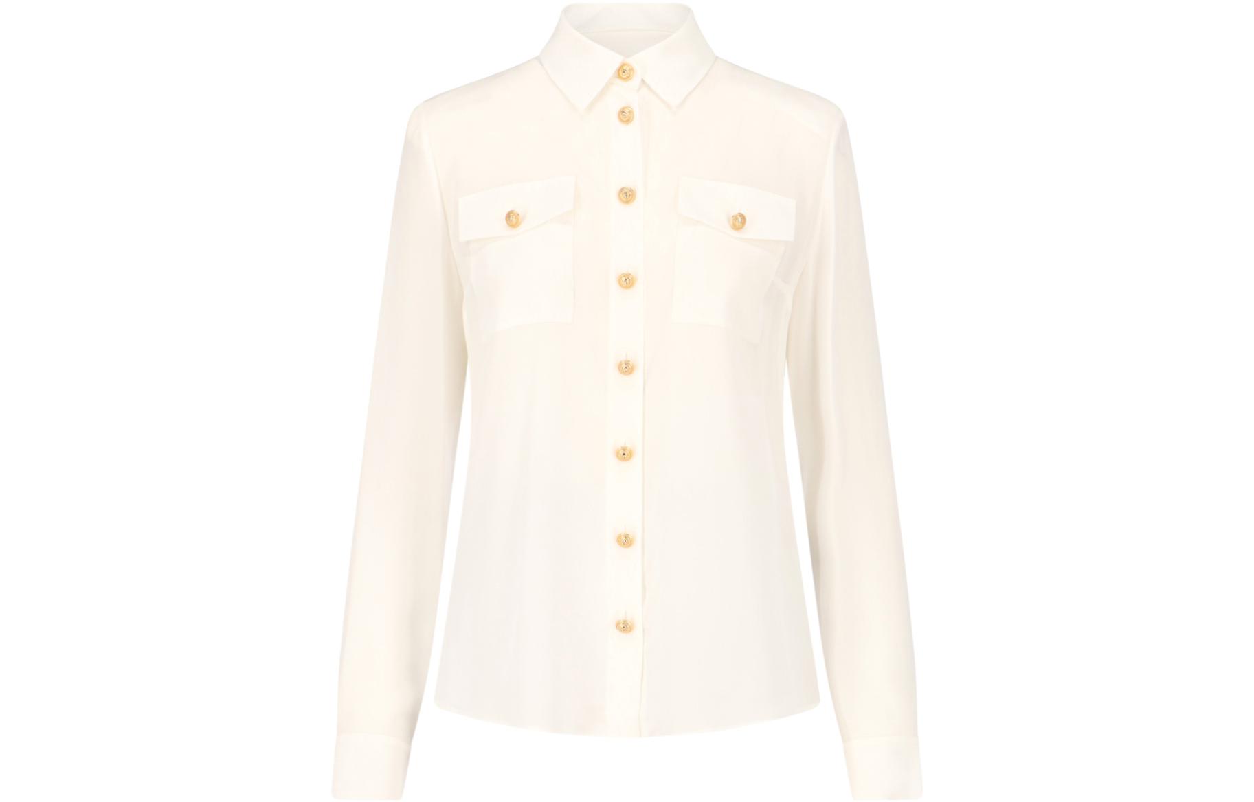 (Women) BALMAIN SS23  Cream Long-Sleeve Button-Up Collared Shirt. AF0HS050SB66-0FA