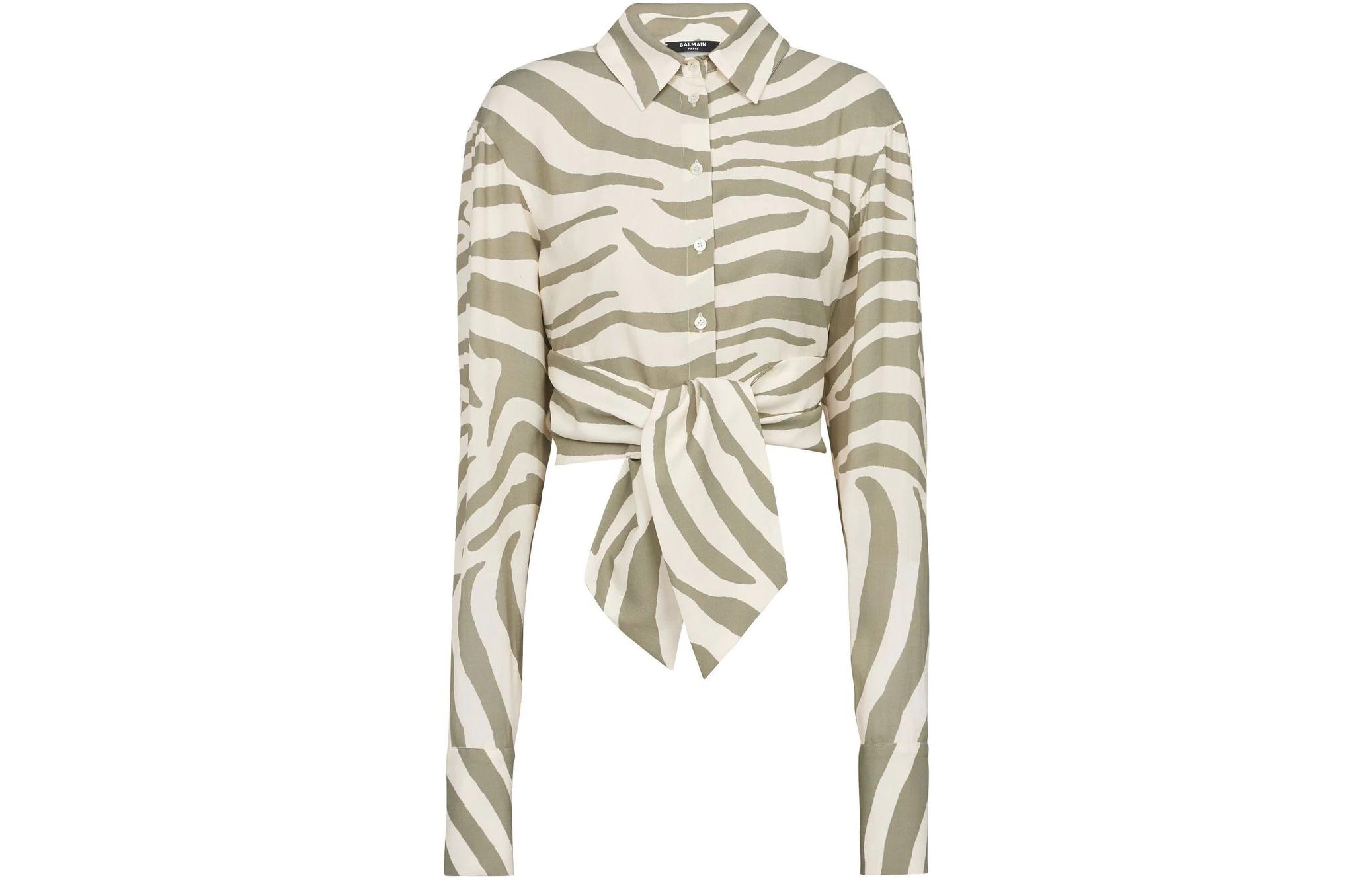 (Women) BALMAIN SS23  Green Long Sleeve Shirt with Animal Print and Tie Waist. AF1HU105VC81GLU