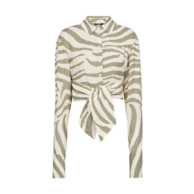 (Women) BALMAIN SS23 Green Long Sleeve Shirt with Animal Print and Tie Waist. AF1HU105VC81GLU