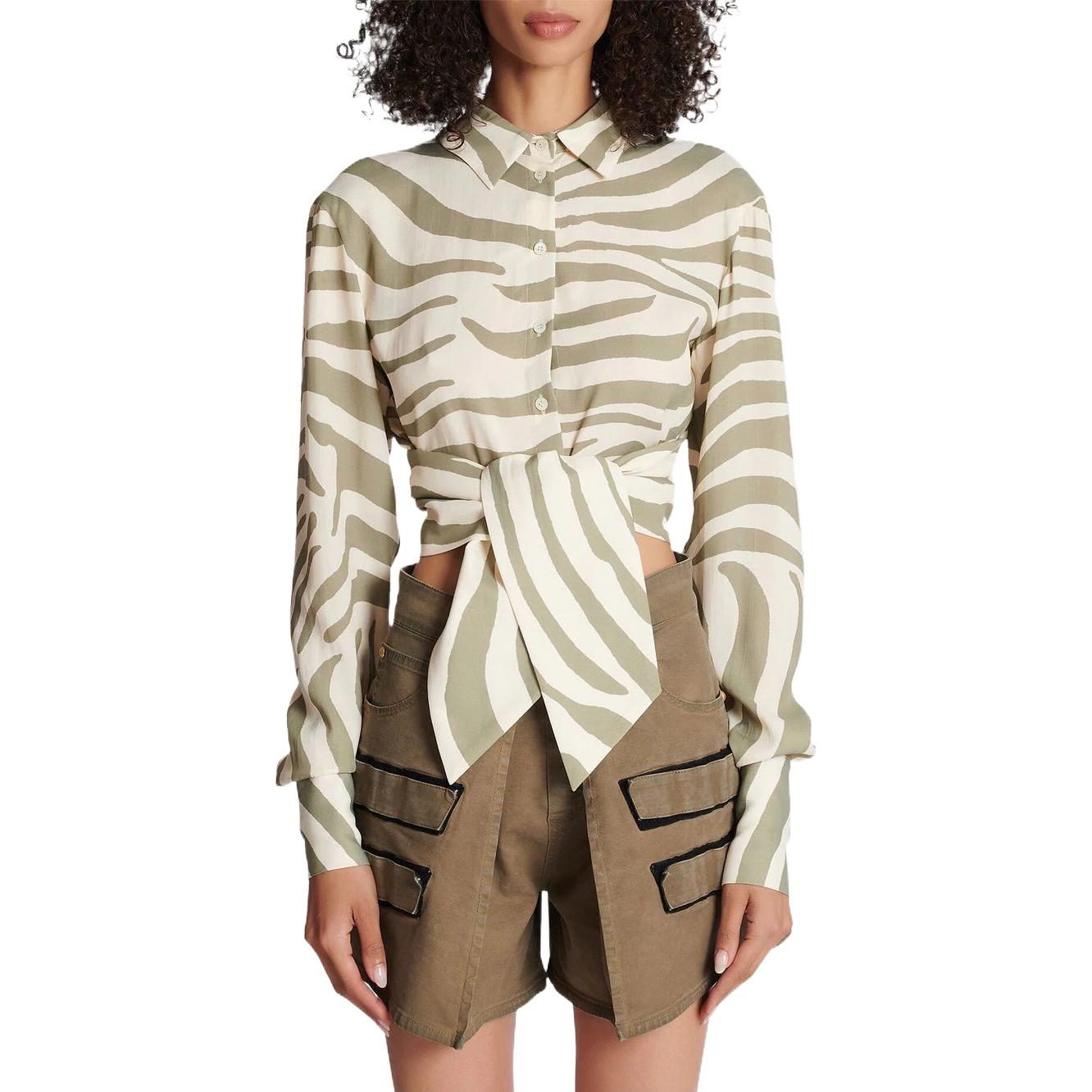 Shop (W) BALMAIN SS23 绿长袖动物印花系腰衬衫 AF1HU105VC81GLU