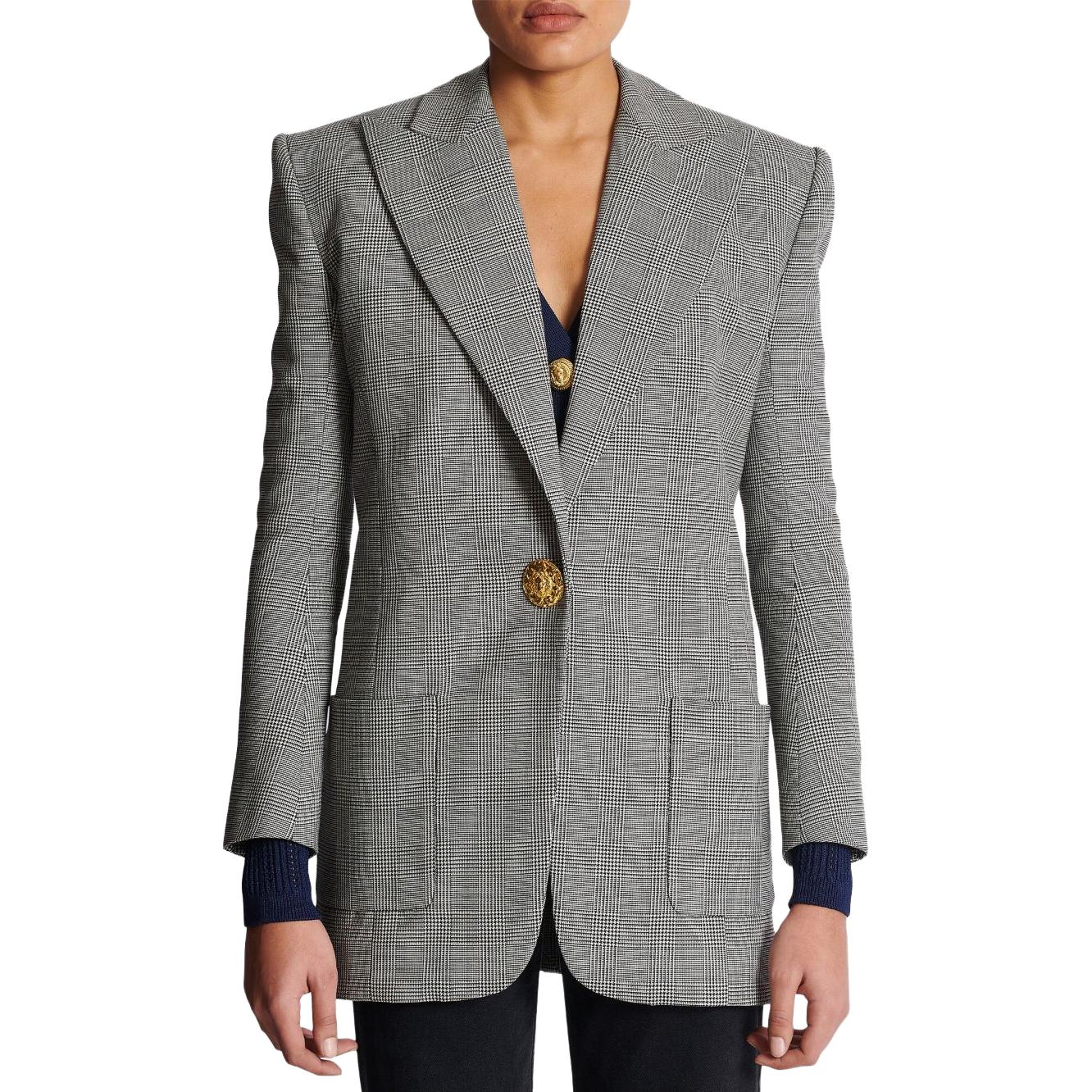 Lookbook (W) 巴尔曼 SS23 灰色拼接格纹单扣西装外套. BF1SF040WB85-GAB