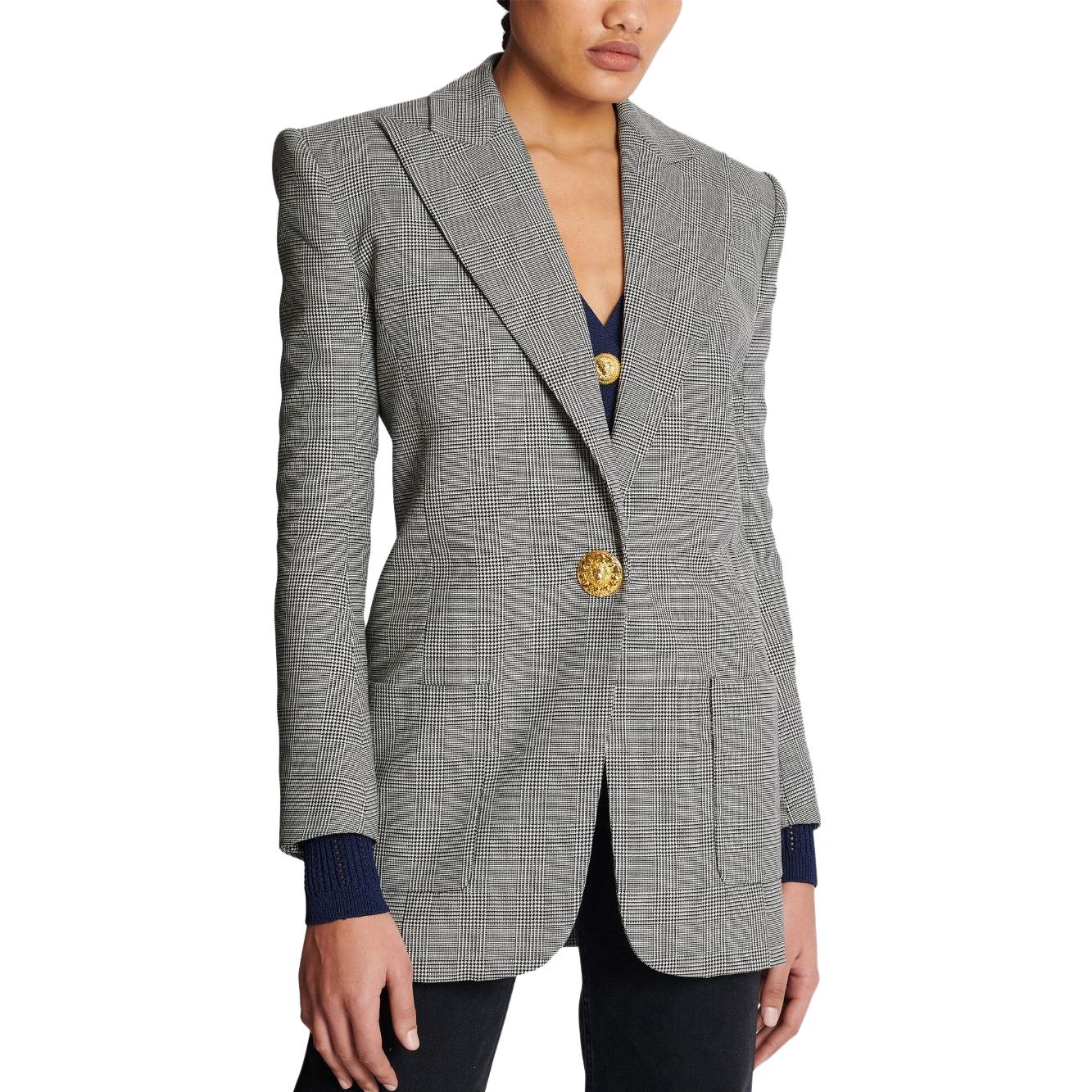Shop (W) 巴尔曼 SS23 灰色拼接格纹单扣西装外套. BF1SF040WB85-GAB