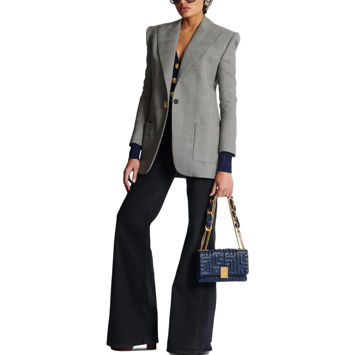 Details for (W) 巴尔曼 SS23 灰色拼接格纹单扣西装外套. BF1SF040WB85-GAB