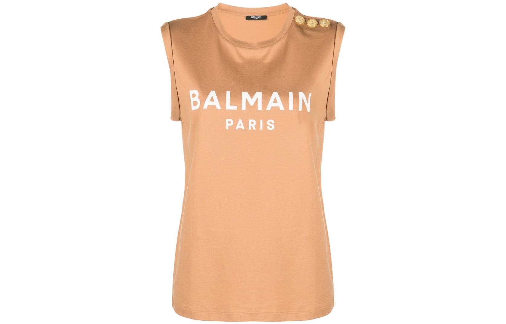 (Women) BALMAIN SS23  Logo Embossed Button Tank Top in Camel Brown. AF0ED000BB02-WCE