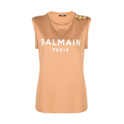 (Women) BALMAIN SS23 Logo Embossed Button Tank Top in Camel Brown. AF0ED000BB02-WCE