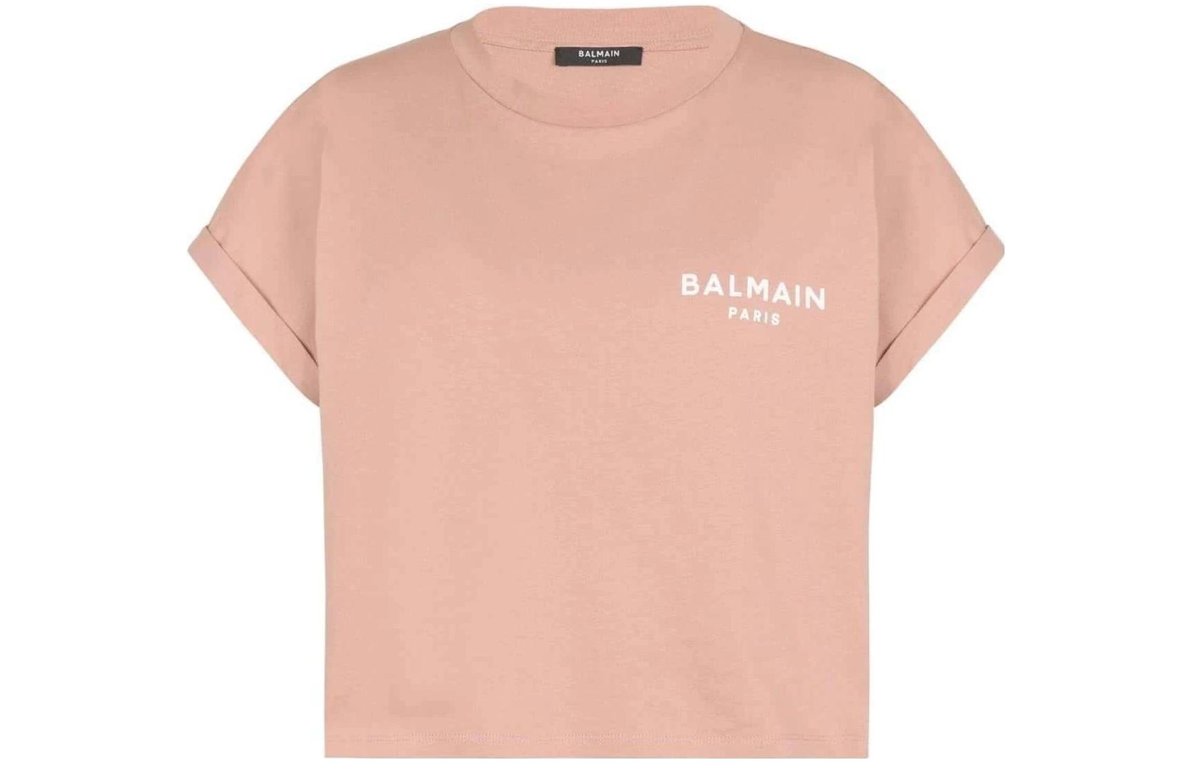 (Women) BALMAIN SS23  Pink Logo Graphic Crewneck T-Shirt. AF1EE005BB01-GIB