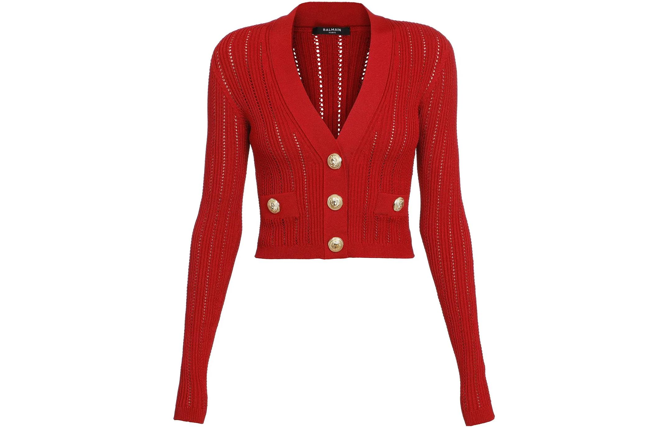 (Women) BALMAIN SS23  Solid Red Knit Button-Up Cardigan. BF1KL018-KE18-3KB