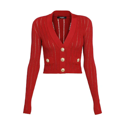 (Women) BALMAIN SS23 Solid Red Knit Button-Up Cardigan. BF1KL018-KE18-3KB