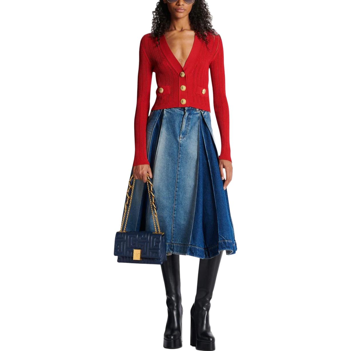 Lookbook (W) BALMAIN SS23 Kardigan Merah Butang Depan Rajut. BF1KL018-KE18-3KB