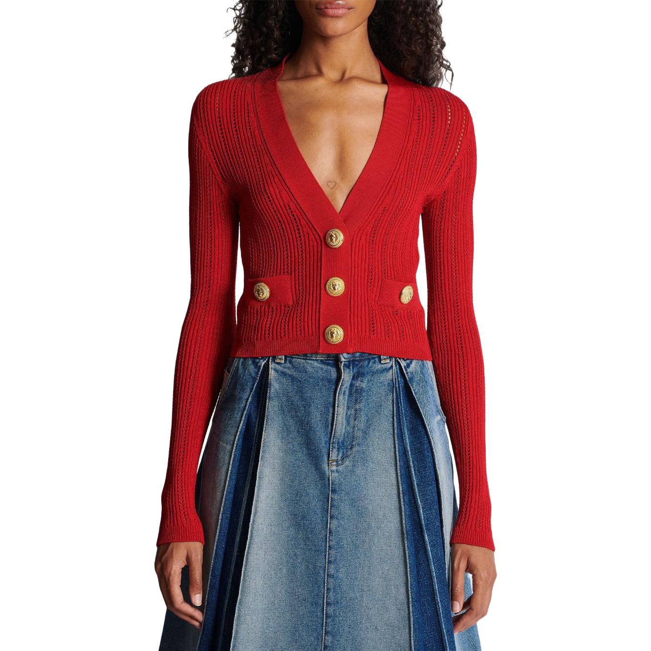 Shop (W) BALMAIN SS23 Kardigan Merah Butang Depan Rajut. BF1KL018-KE18-3KB