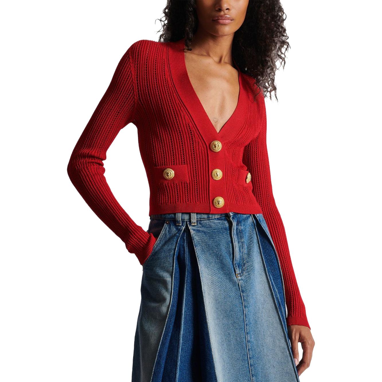 Purchase (W) BALMAIN SS23 Kardigan Merah Butang Depan Rajut. BF1KL018-KE18-3KB