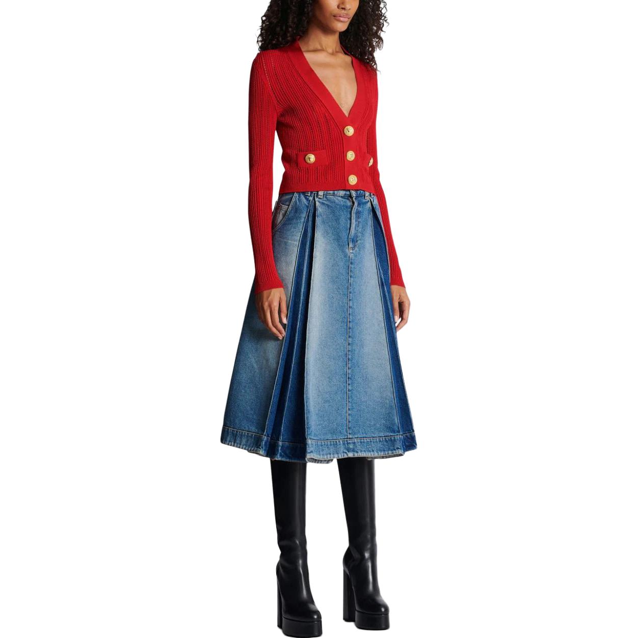 Sizing (W) BALMAIN SS23 Kardigan Merah Butang Depan Rajut. BF1KL018-KE18-3KB