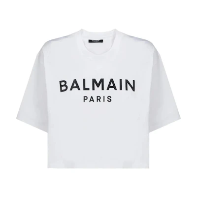 (Women) BALMAIN SS23 White Crew Neck T-Shirt with Letter Print. AF0EE020BB02-GAB