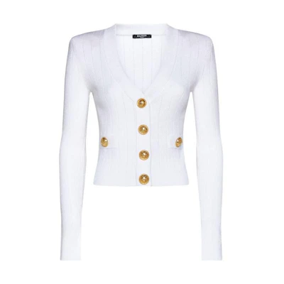 (Women) BALMAIN SS23 White Deep V-Neck Button-Up Knit Cardigan AF0KL007KB07-0FA