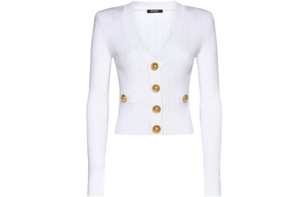 Order (W) BALMAIN SS23 Kardigan Knit Putih V-Leher Dalam dengan Butang-Up AF0KL007KB07-0FA