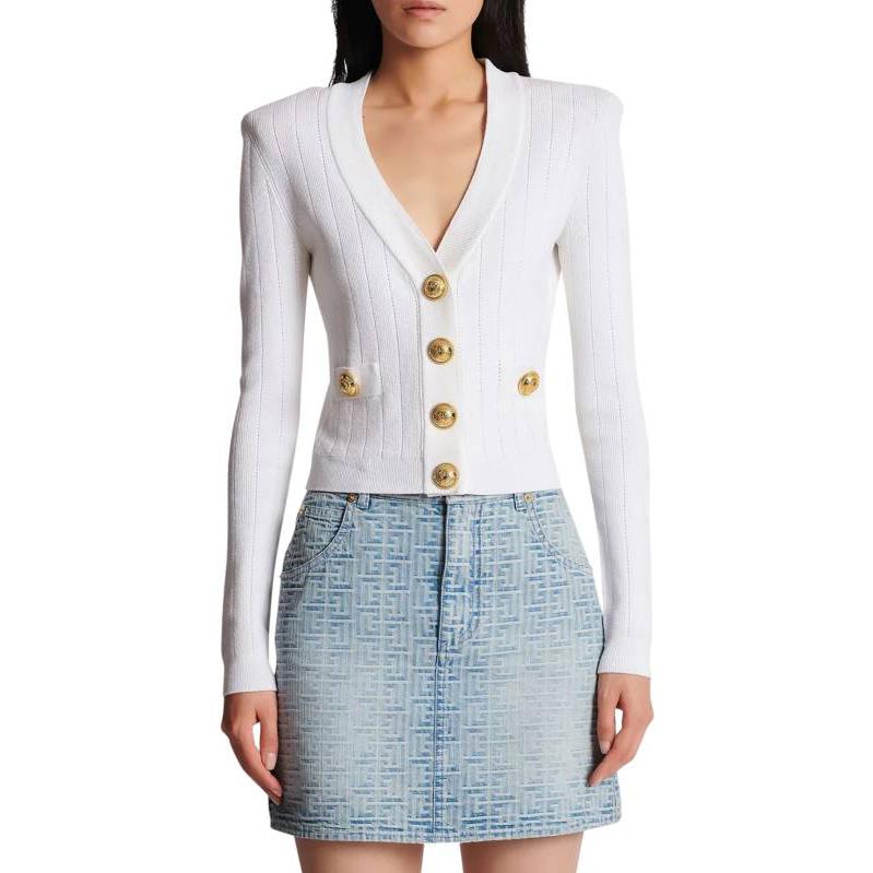 Lookbook (W) BALMAIN SS23 Kardigan Knit Putih V-Leher Dalam dengan Butang-Up AF0KL007KB07-0FA