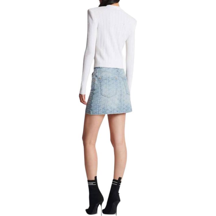 Shop (W) BALMAIN SS23 Kardigan Knit Putih V-Leher Dalam dengan Butang-Up AF0KL007KB07-0FA