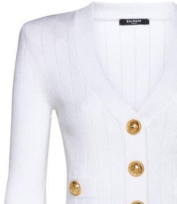 (W) BALMAIN SS23 Kardigan Knit Putih V-Leher Dalam dengan Butang-Up AF0KL007KB07-0FA Details for (W) BALMAIN SS23 Kardigan Knit Putih V-Leher Dalam dengan Butang-Up AF0KL007KB07-0FA