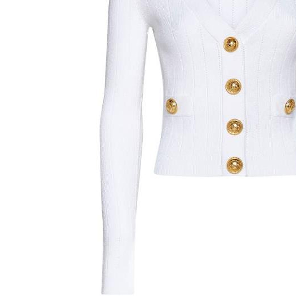 Sizing (W) BALMAIN SS23 Kardigan Knit Putih V-Leher Dalam dengan Butang-Up AF0KL007KB07-0FA