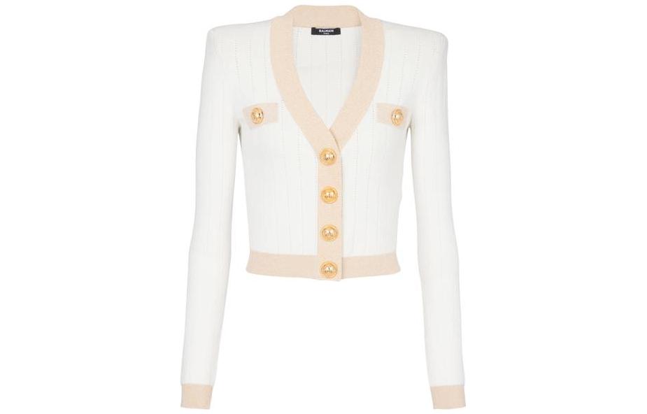(Women) BALMAIN SS23  White Embroidered Mesh V-Neck Slim Knit Cardigan. AF1KL013KD74G-DKF