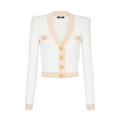 (Women) BALMAIN SS23 White Embroidered Mesh V-Neck Slim Knit Cardigan. AF1KL013KD74G-DKF