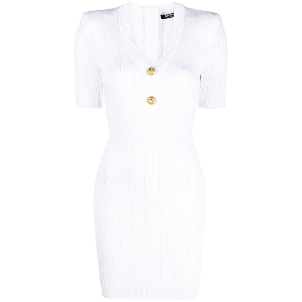 (Women) BALMAIN SS23  White Short-Sleeve Ribbed Knit Midi Dress. AF1R6030KB39-OFA