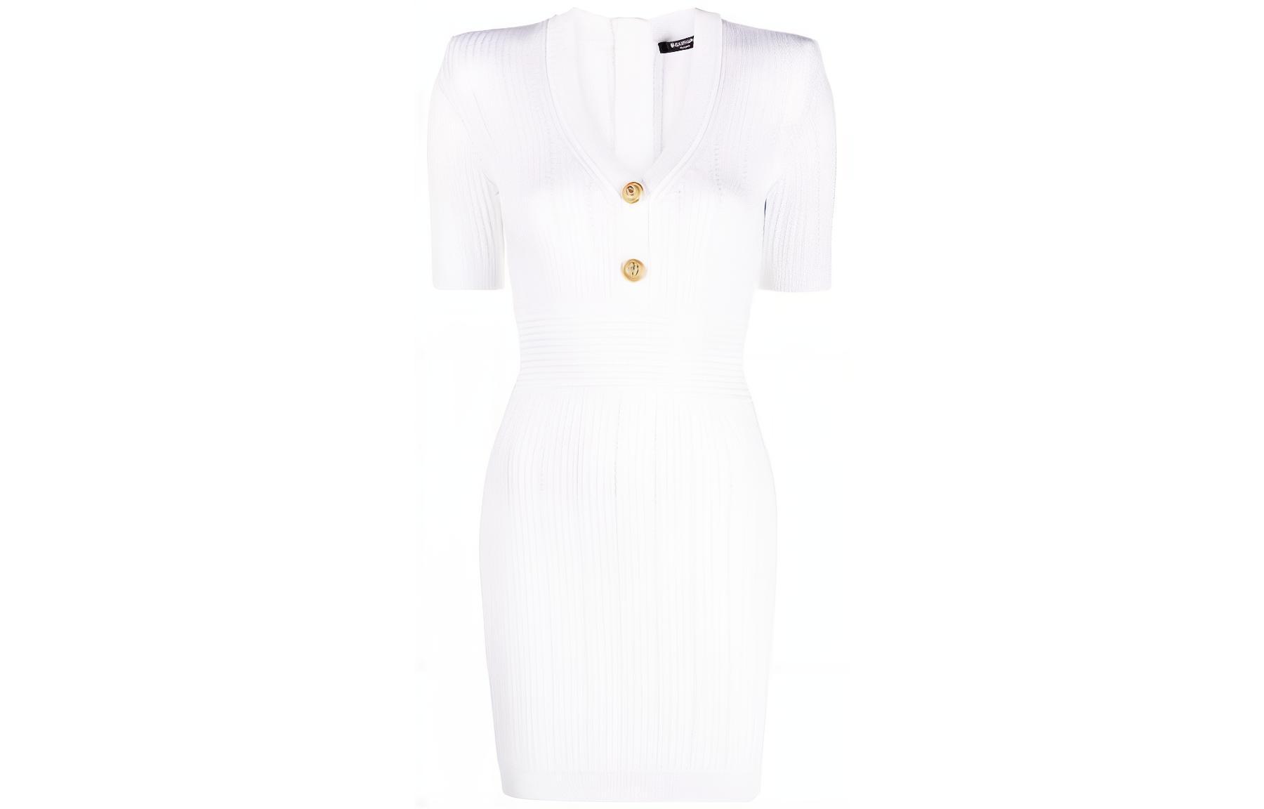 Order (W) BALMAIN SS23 白色短袖羅紋針織中長洋裝 AF1R6030KB39-OFA