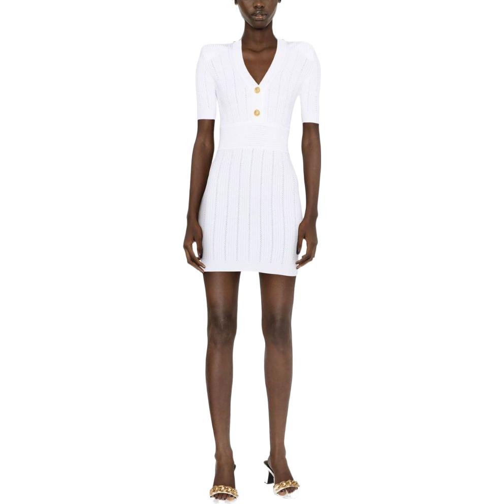 Lookbook (W) BALMAIN SS23 白色短袖羅紋針織中長洋裝 AF1R6030KB39-OFA