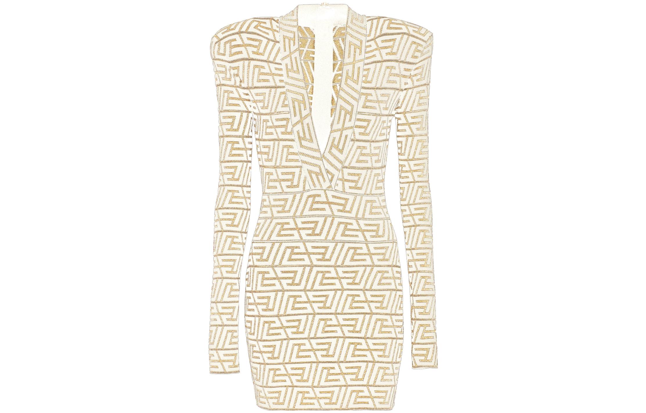 (Women) BALMAIN SS23 Beige Monogram Knit V-Neck Long Sleeve Mini Dress . AF1R8050KD84-IDR