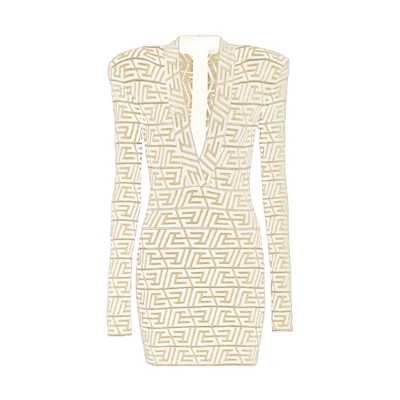 (Women) BALMAIN SS23 Beige Monogram Knit V-Neck Long Sleeve Mini Dress . AF1R8050KD84-IDR