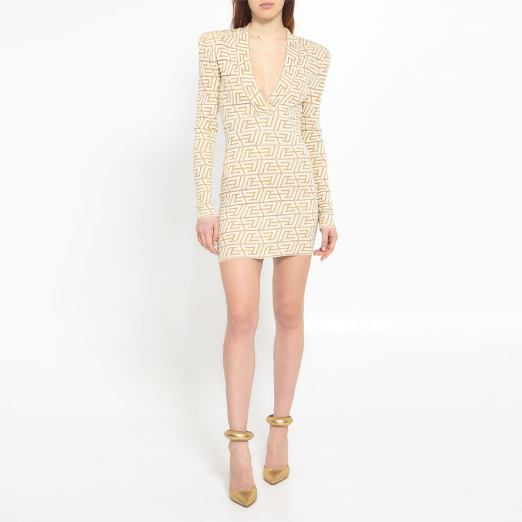 Lookbook (W) BALMAIN SS23 米色字母針織V領長袖迷你連衣裙 AF1R8050KD84-IDR