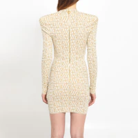 Shop (Women) BALMAIN SS23 Beige Monogram Knit V-Neck Long Sleeve Mini Dress . AF1R8050KD84-IDR
